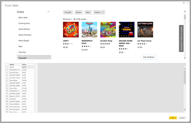 Screenshot of the Get data from web by example dialog in Power Query.