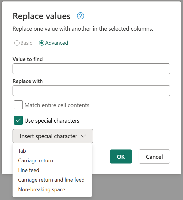 Screenshot of the Replace values advance options with the special characters option selected.