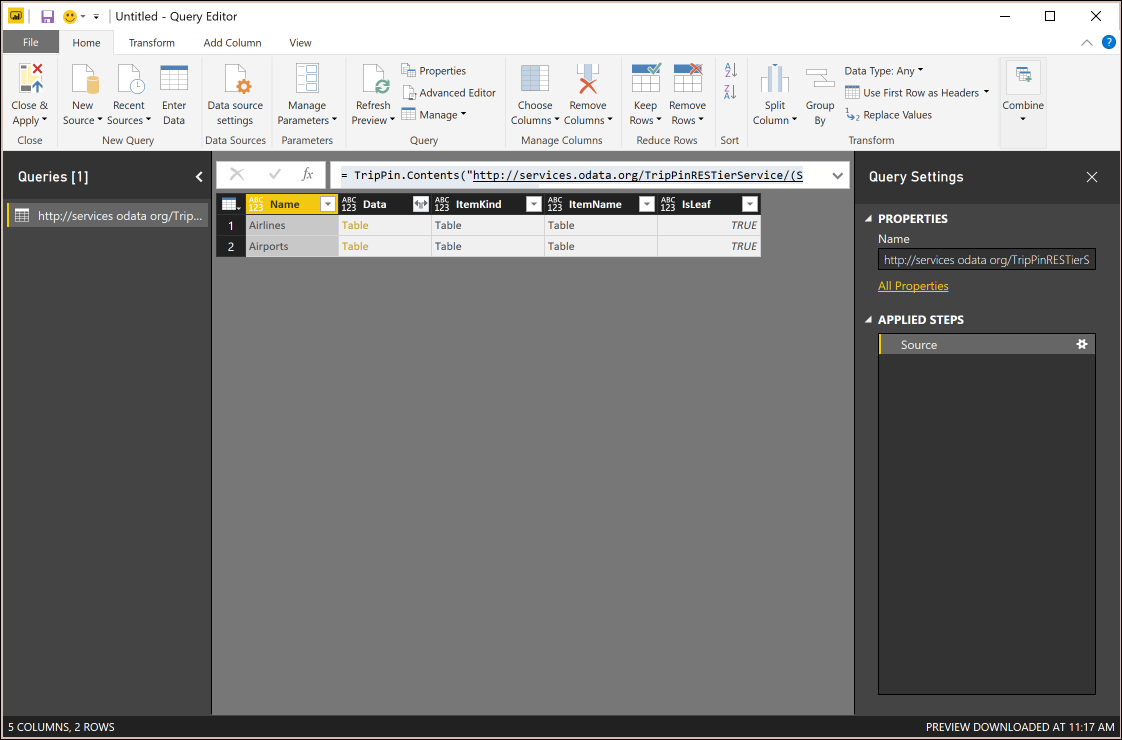 Screenshot of the Power Query editor displaying the same table as in the previous PQTest result.