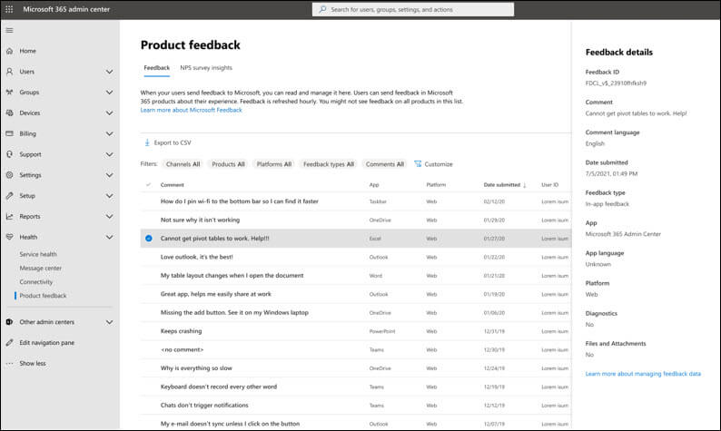 Product feedback in the Microsoft 365 admin center.