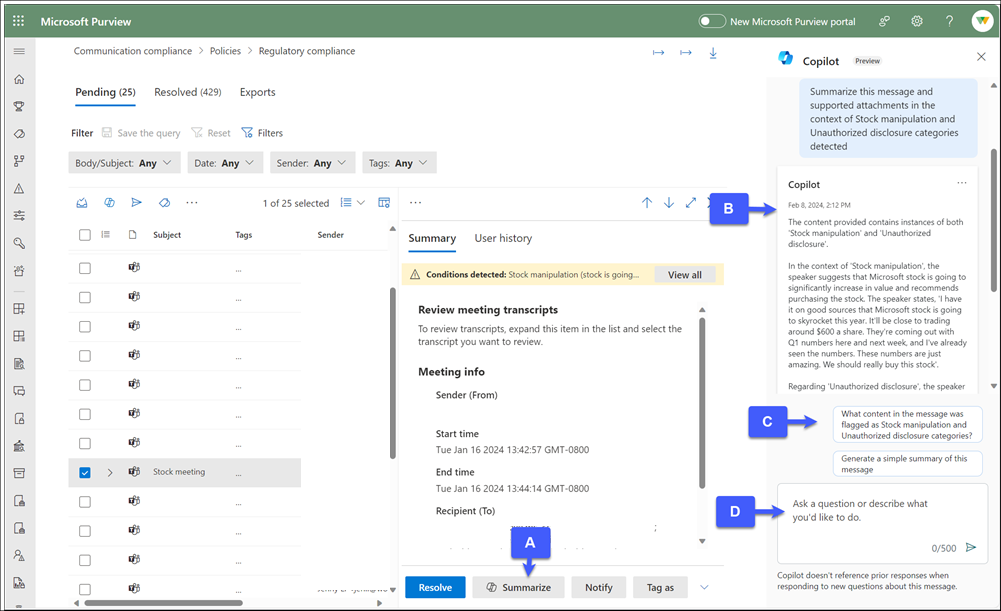 Screenshot of the Copilot in Microsoft Purview panel showing a message summary, suggested prompts, and the Ask a question box for Communication Compliance investigators.
