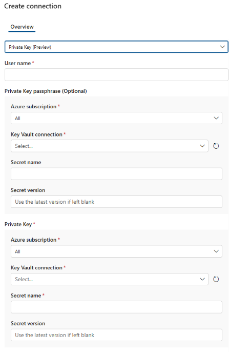 Screenshot that shows how to set up a Snowflake connection by using a private key.