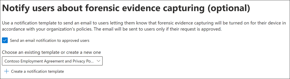 Screenshot of the forensic evidence notification template page showing template name, sender, subject, and message body fields.