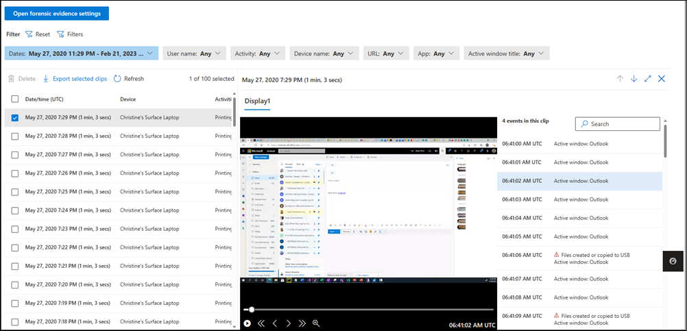Screenshot of the forensic evidence captured clips list showing available activity captures with a video player and activity transcript.
