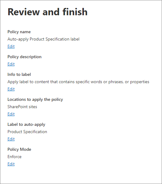 Screenshot of the policy summary settings to auto-apply the label.