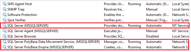 Screenshot of stop and start PolyBase services in services.msc.
