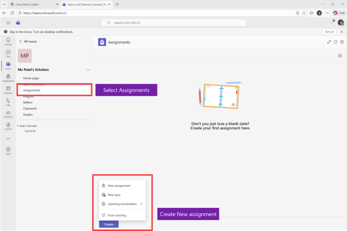 Screenshot of the OneNote Class Notebook Create assignment page.