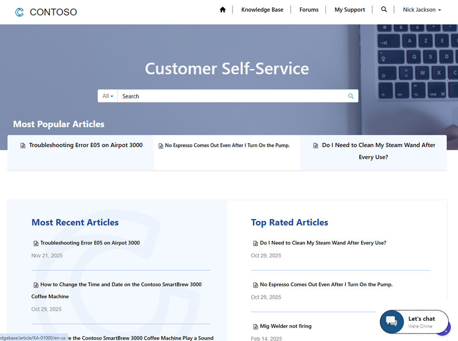 Screenshot that shows a customer facing portal.