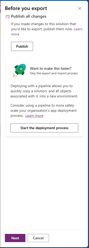 Screenshot of the Before you export dialog with the Publish button highlighted.