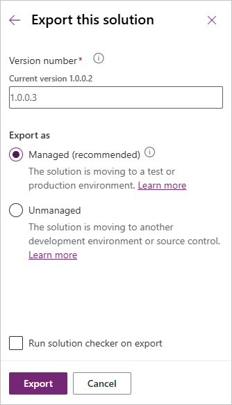 Screenshot of the Export this solution dialog with Export as set to Managed and the Export button highlighted.