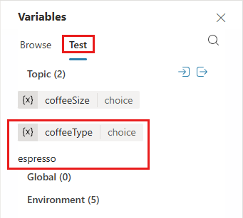 Screenshot of variables pane test tab.