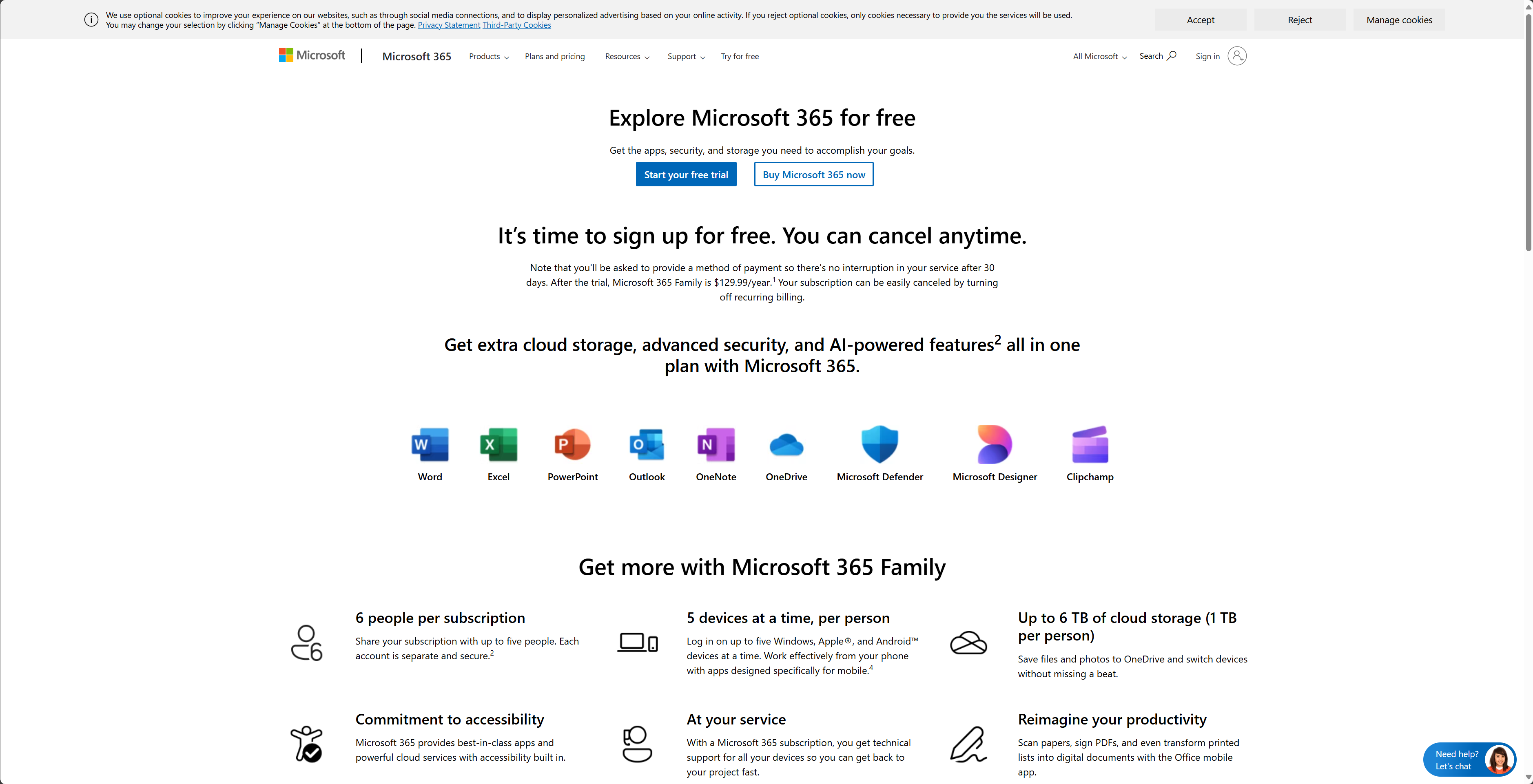 Screenshot showing the trial page for Microsoft 365.