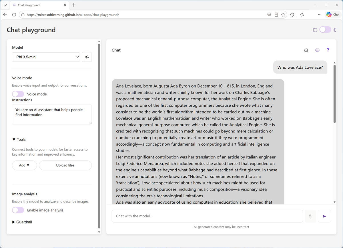 Screenshot of the chat playground app used in the lab.