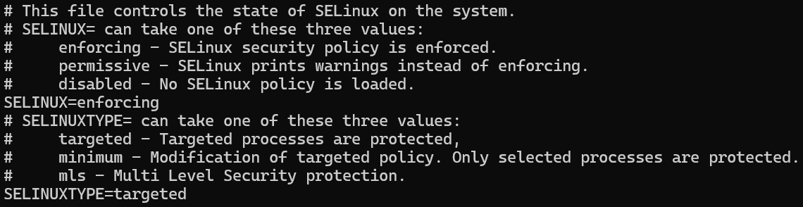 Screenshot of the correct /etc/selinux/config values for SELINUX and SELINUXTYPE.