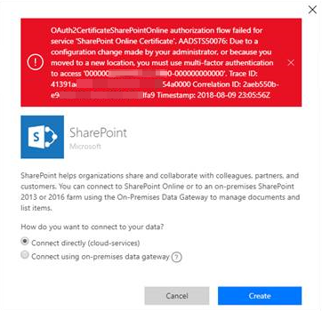 Screenshot of the AADSTS50076 error when you try to create a connection.