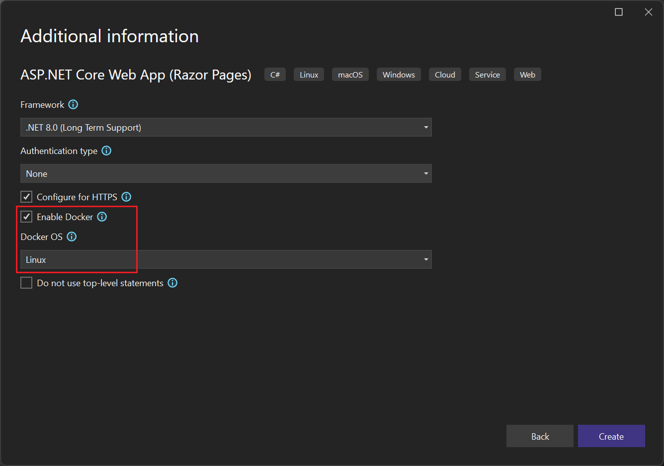 Screenshot that shows how to create a new asp dot net Core web app project in Visual Studio 2022.