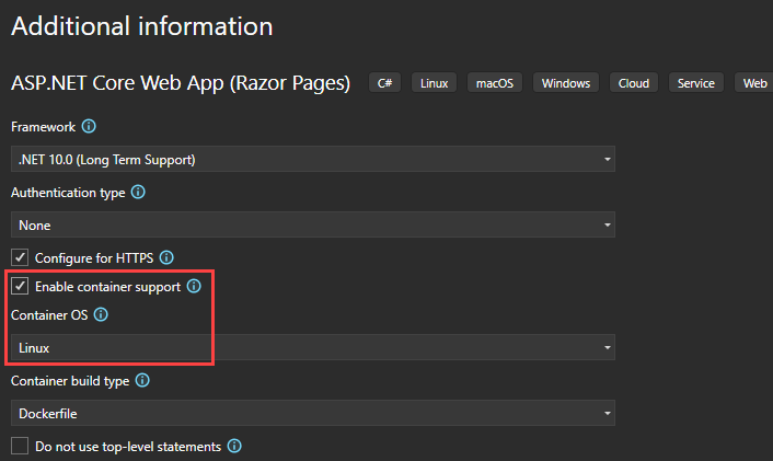 Screenshot that shows the container support checkbox in Visual Studio.