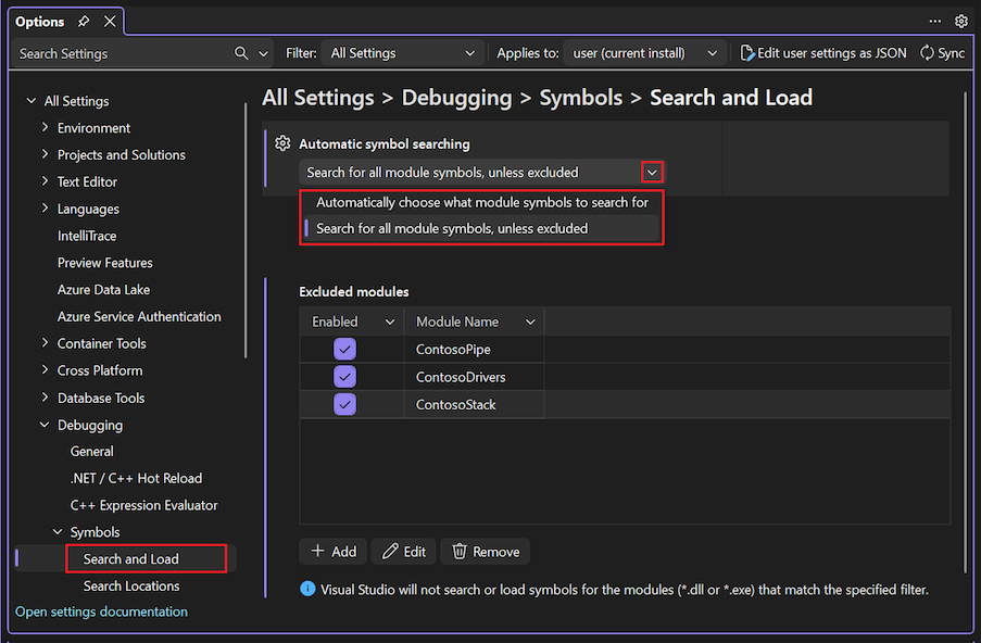 Screenshot that shows how to select and configure the Search for all module symbols unless excluded option.