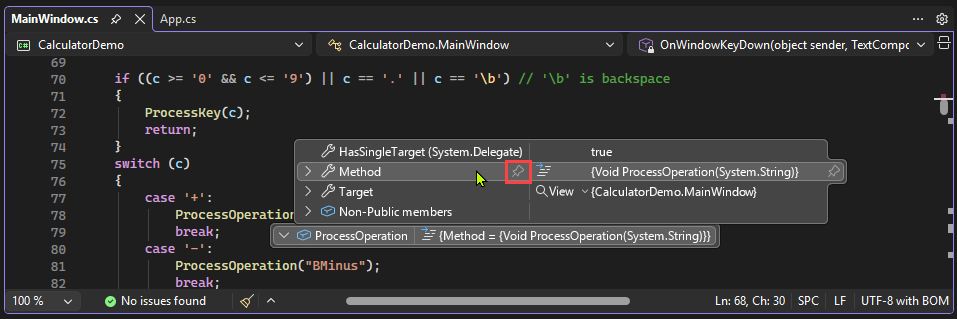 Screenshot that shows how to pin properties in a data tip in Visual Studio.
