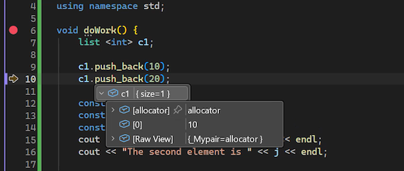 Screenshot that shows how to view data tips for code variables in the Visual Studio debugger.