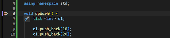 Screenshot that shows the debugger paused on a set breakpoint in Visual Studio.
