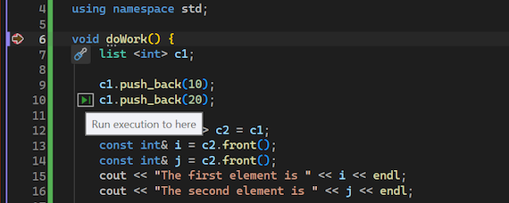 Screenshot that shows how to work with the Run to click action in the Visual Studio debugger.