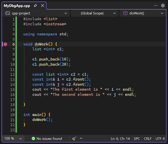 Screenshot that shows how to set a breakpoint in the Visual Studio debugger.