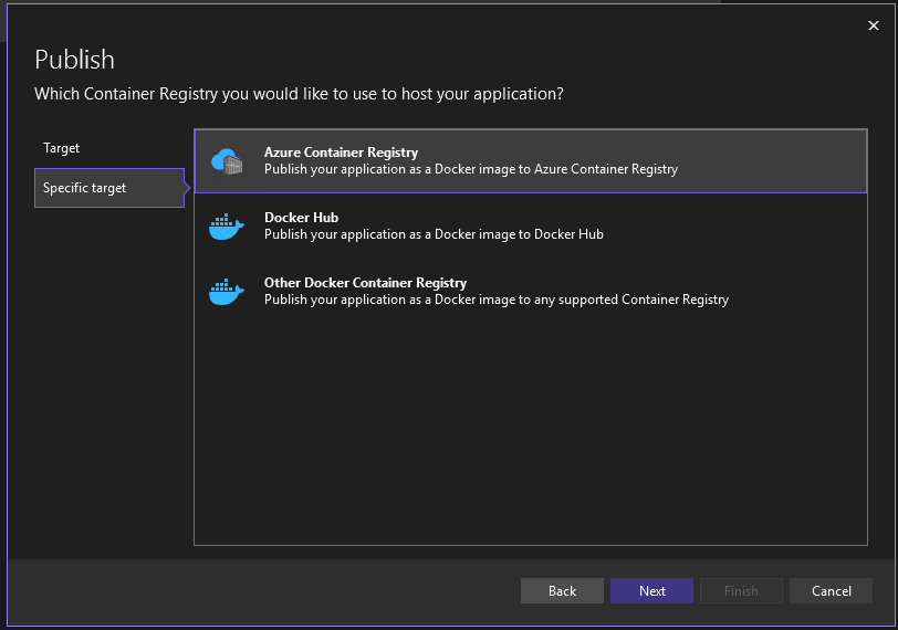 Screenshot showing the Publish to Docker Container Registry options.