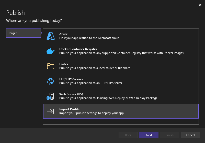 Screenshot of the option to import publish settings in Visual Studio.