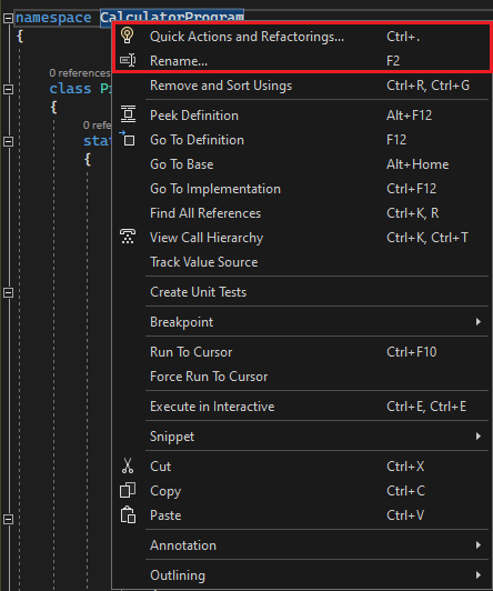 Screenshot that shows Refactoring in Visual Studio 2022.