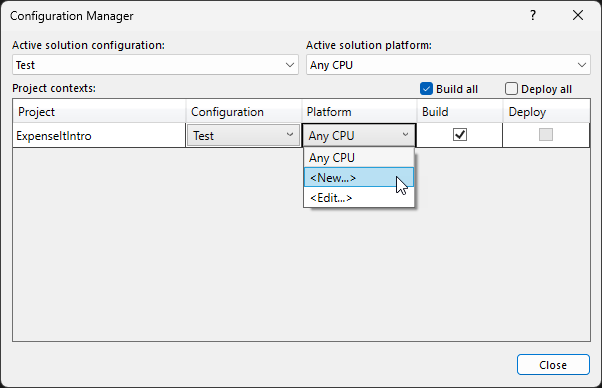 Screenshot showing creating a new project platform in the Configuration Manager.