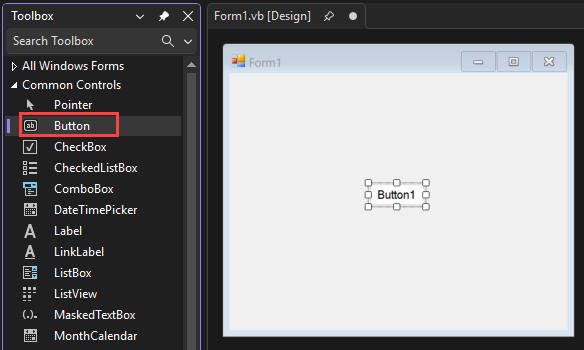 Screenshot shows the Button control added to the form.