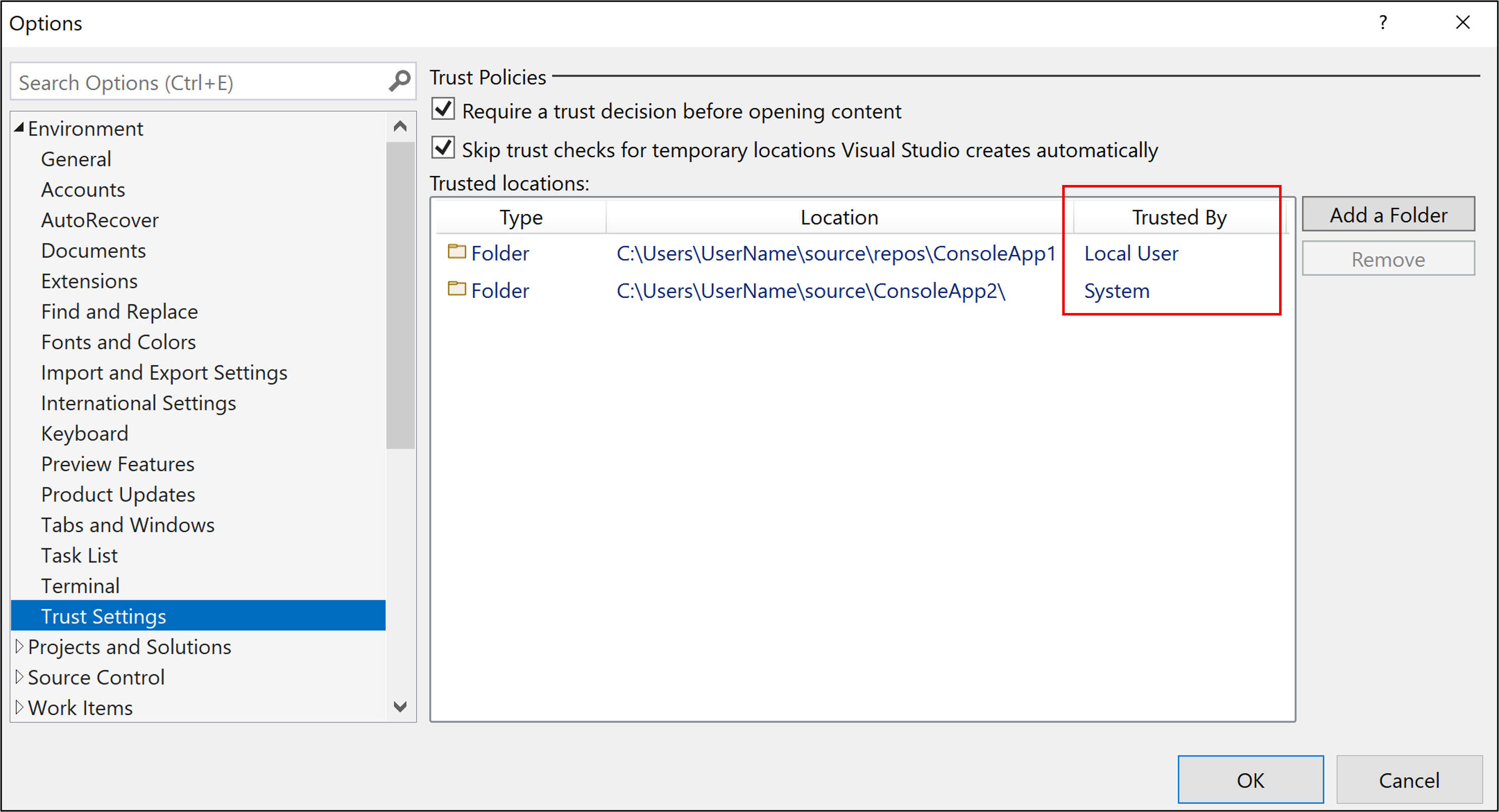 Screenshot showing Local User and System level trust settings in the Trusted locations list.