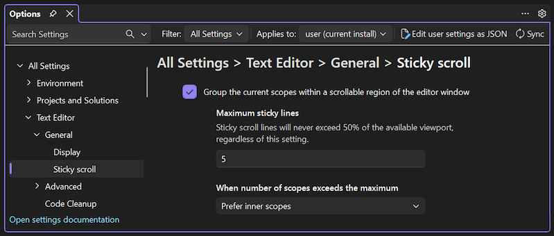 Screenshot of the inner and outer scope options for Sticky Scroll.