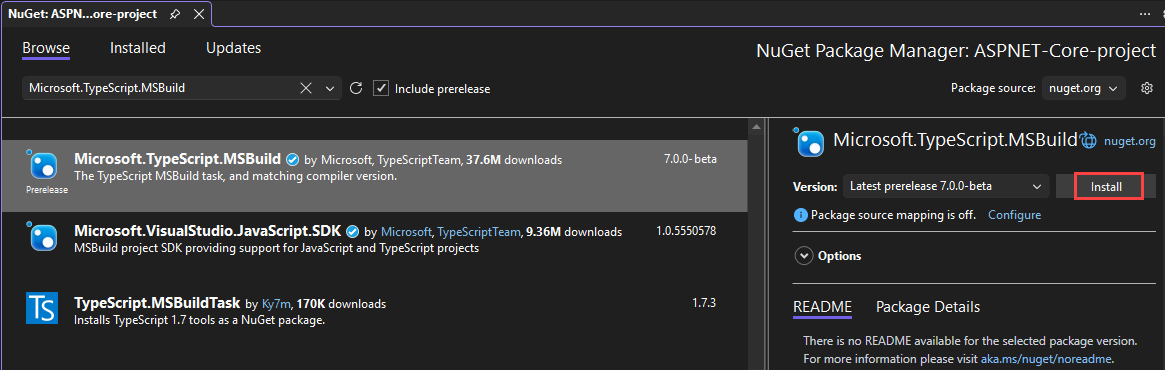 Screenshot of the Nuget package manager in Visual Studio.