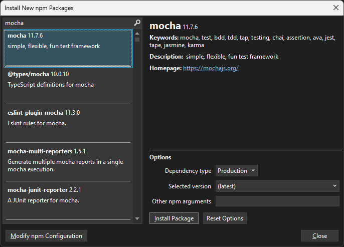 Screenshot of installing new npm package for esproj.