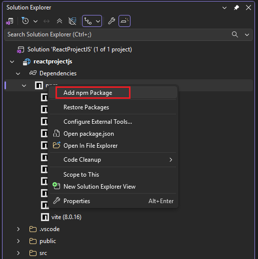 Screenshot of opening package manager from Solution Explorer.