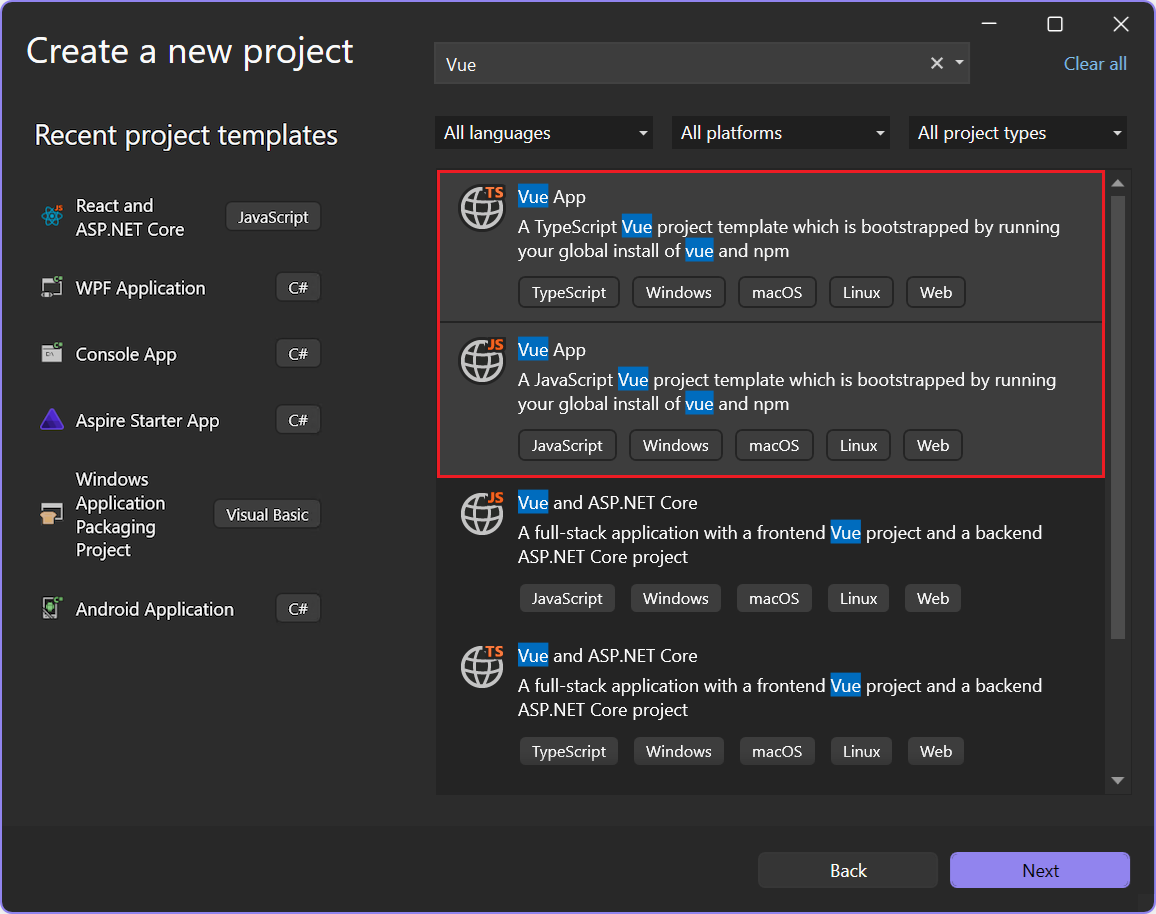 Screenshot showing how to choose a Vue template for JavaScript or TypeScript.