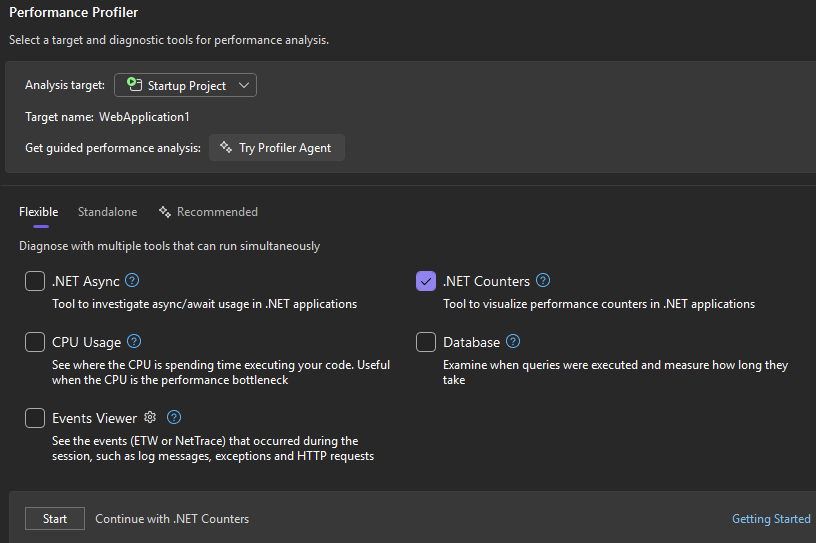 Screenshot of the Counters tool in Visual Studio selected.
