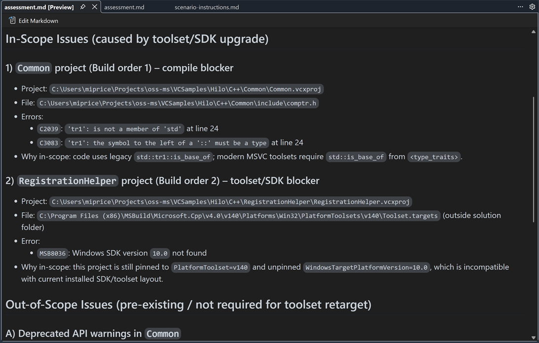 Visual Studio with GitHub Copilot modernization agent actively upgrading a 10-year-old C++ sample
