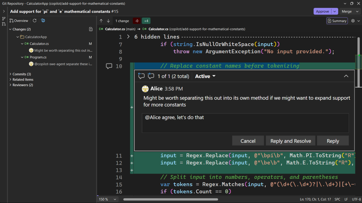 A file diff with an inline comment thread showing a reply and resolve button