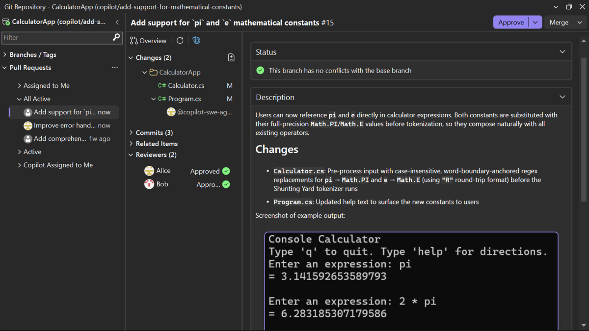 A list of pull requests on the left, with the selected PR's overview on the right showing description and changed files