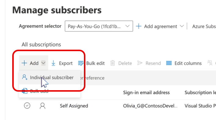 Screenshot of the Visual Studio Admin portal with the Add Individual Subscriber highlighted. Manage subscribers