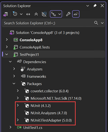 Screenshot that shows NUnit NuGet dependencies in Solution Explorer.