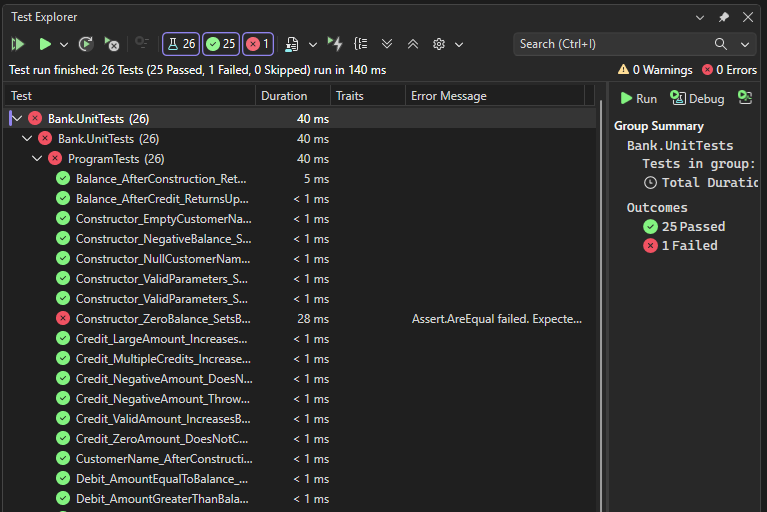 Screenshot of Test Explorer output.