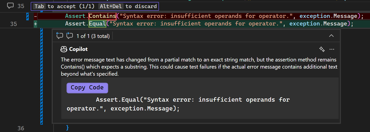 Screenshot showing how to apply a Copilot code suggestion from local code review in Visual Studio.
