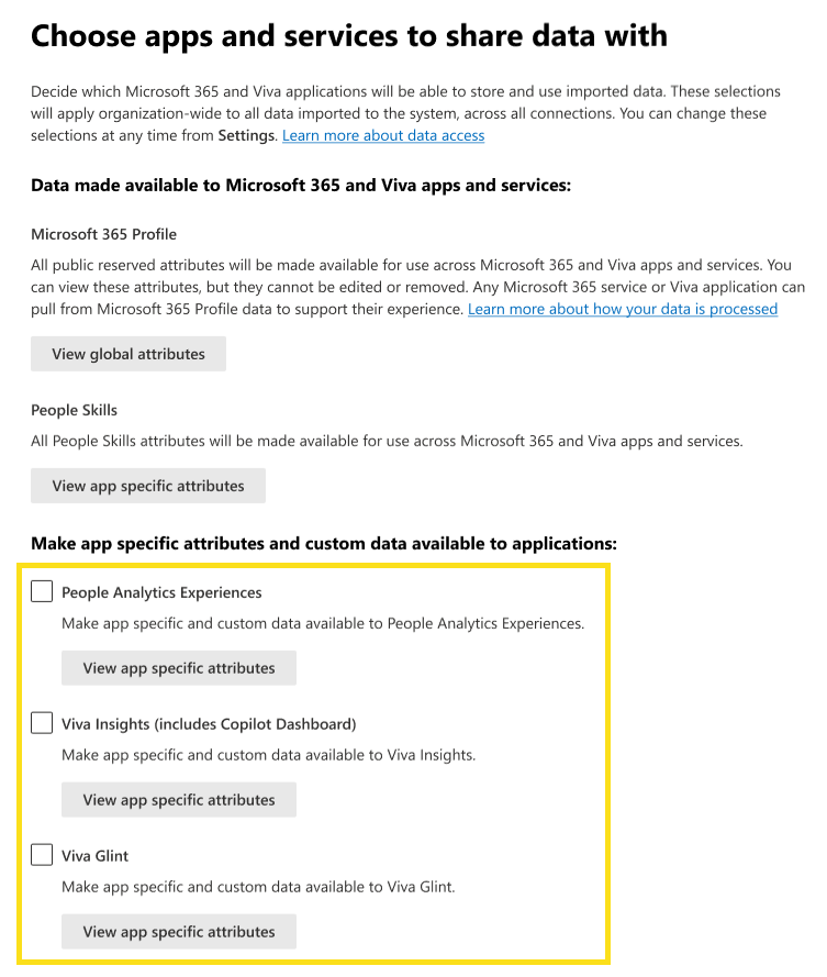 Screenshot that shows how to choose apps and services for data sharing.