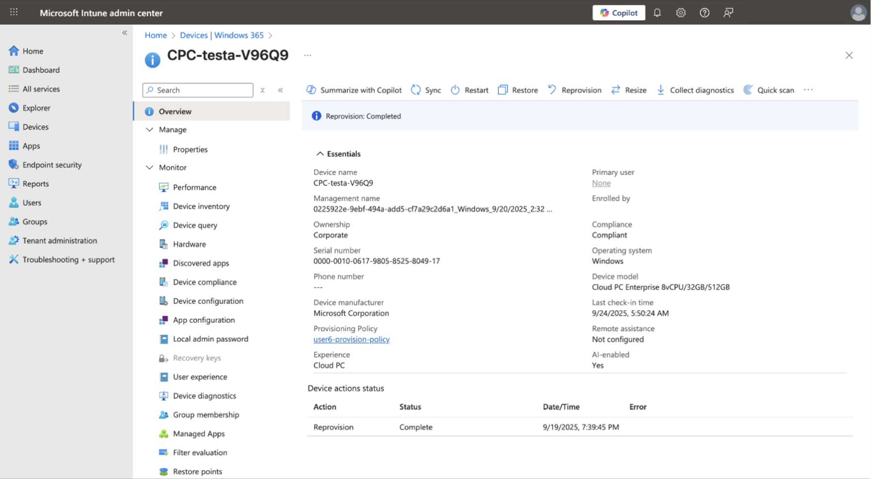 Screenshot of device overview page showing the AI-enabled value.