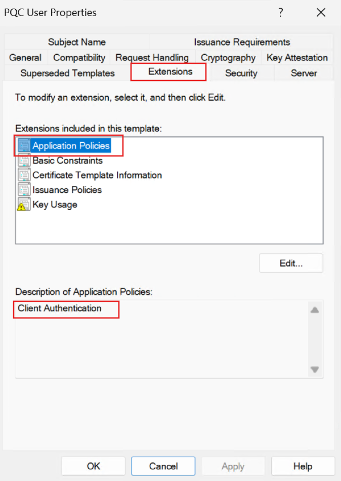 Screenshot of the PQC User template Extensions tab with Application Policies selected and Client Authentication listed in the Description of Application Policies.