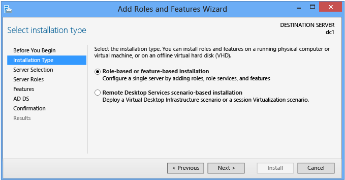 Screenshot that shows the Installation Type page in the Add Roles and Features Wizard.